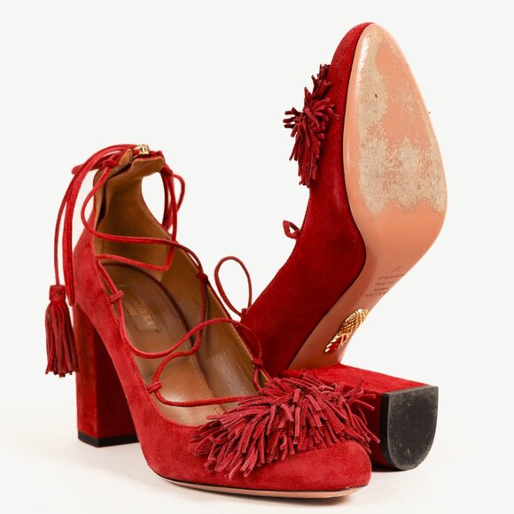 Aquazzura Wild Thing Pomegranate Fringe Lace-Up Block-Heel Pumps - Picture 5 of 11